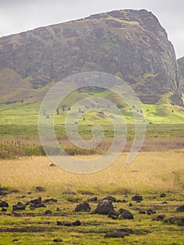 Rano Raraku volcano, the quarry of the moai with many uncompleted statues. Rapa Nui National Park, Easter Island, Chile. UNESCO