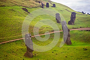 Rano Raraku volcano, the quarry of the moai with many uncompleted statues. Rapa Nui National Park, Easter Island, Chile. UNESCO W