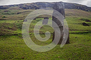 Rano Raraku volcano, the quarry of the moai with many uncompleted statues. Rapa Nui National Park, Easter Island, Chile. UNESCO W