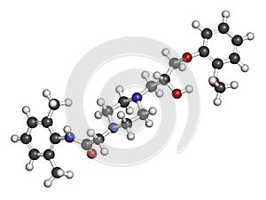 Ranolazine antianginal drug molecule. Used in treatment of chronic angina pectoris. Atoms are represented as spheres with