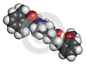 Ranolazine antianginal drug molecule. Used in treatment of chronic angina pectoris. Atoms are represented as spheres with