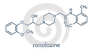 Ranolazine antianginal drug molecule. Used in treatment of chronic angina pectoris. Skeletal formula.