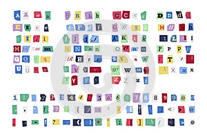 Ransom font. Colorful criminal uppercase and lowercase letters numbers and punctuation marks, cutout blackmail alphabet