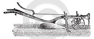 Ransome plow with excavator foot in front and leverage to dig it up, vintage engraving