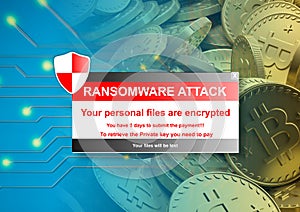 Ransomware alert on a bitcoins background. 3d illustration