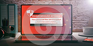 Ransomware alert on a laptop screen. 3d illustration