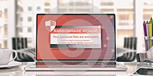 Ransomware alert on a laptop screen. 3d illustration photo