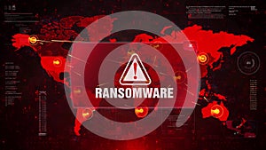 Ransomware alert warning attack on screen world map.