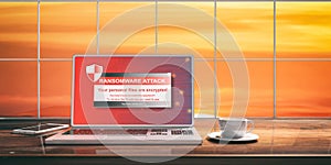 Ransomware attack on a laptop screen. Blurred sunset background. 3d illustration