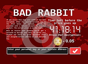 Bad rabbit ransomware computer virus encrypter cyber attack screen illustration