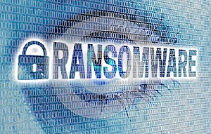 Ransomware eye with matrix looks at viewer concept