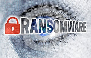 Ransomware eye with matrix looks at viewer concept