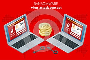 Ransomware, malicious software that blocks access to the victims data. Hacker attacks network. Isometric vector