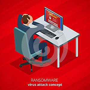 Ransomware, malicious software that blocks access to the victims data. Hacker attacks network. Isometric vector