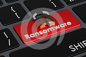 Ransomware red button on keyboard, 3D rendering