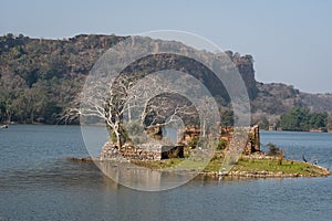 Ranthambore monuments and padam lake with landscape of ranthambore national park