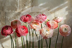 Ranunculus flowers in natural sunlight, spring background