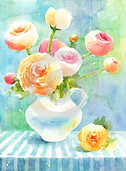 Ranunculus Watercolor Flowers Illustration Hand Painted