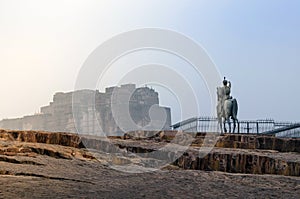 Rao Jodha statue and Mehrangarh Fort in Jodhpur, India