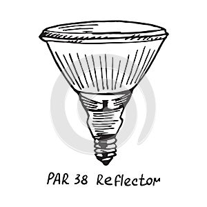 RAP 38 Reflector lamp type, woodcut style design, hand drawn doodle, sketch