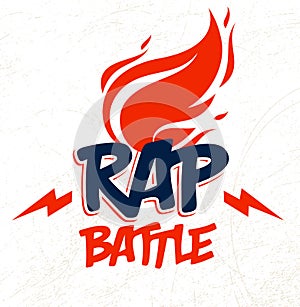 Rap Battle vector logo or emblem with flames of fire burning and lightning bolts, Hip Hop hot rhymes music, concert festival or