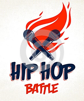 Rap Battle vector logo or emblem with two microphones crossed and fire, Hip Hop hot rhymes music mic in a flames, concert festival