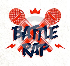 Rap Battle vector logo or emblem with two microphones crossed, Hip Hop hot rhymes music mic in a flames, concert festival or night