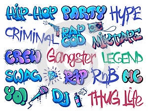 Rap graffiti. Hip-hop legend, RnB party and gangster crew street art calligraphy tags with grunge paint texture vector photo