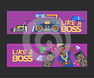 Rap music vector dj character singing in microphone playing on turntable sound record illustration backdrop of rap cap
