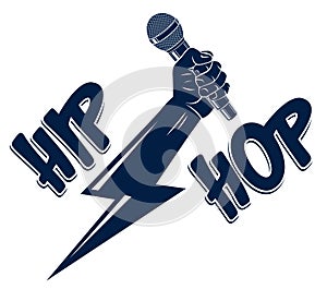 Rap music vector logo or emblem with microphone in hand in a shape of lightning bolt, Hip Hop rhymes festival concert or night