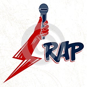 Rap music vector logo or emblem with microphone in hand in a shape of lightning bolt, Hip Hop rhymes festival concert or night