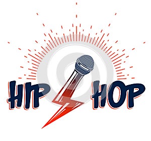 Rap music vector logo or emblem with microphone in a shape of lightning bolt, Hip Hop rhymes festival concert or night club party