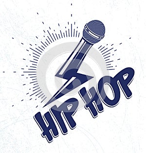 Rap music vector logo or emblem with microphone in a shape of lightning bolt, Hip Hop rhymes festival concert or night club party