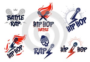 Rap music vector logos or emblems set with microphone in hand flames and lightning bolt, hot Hip Hop rhymes festival concert or