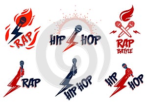 Rap music vector logos or emblems set with microphone in hand flames and lightning bolt, hot Hip Hop rhymes festival concert or