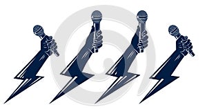 Rap music vector logos or emblems set with microphone in hand lightning bolt, hot Hip Hop rhymes festival concert or night club