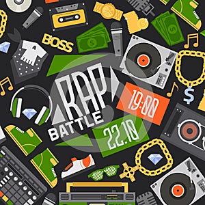 Rap music vector seamless pattern dj playing disco on turntable sound record illustration backdrop of rap cap discjockey