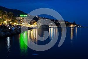 View of Rapallo, Genoa Genova province and the castle on the sea by night, Italy