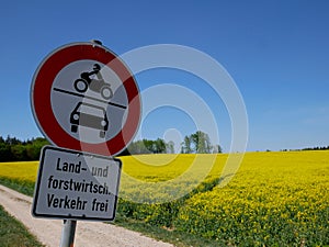 Rape field near by Gilching, upper Bavaria - yellow colza, blue sky and forest and a road sign