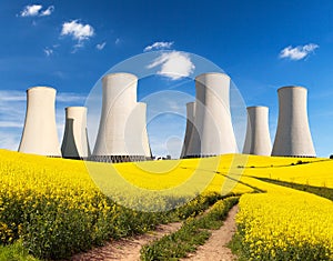 Rapesed field nuclear power plant cooling tower