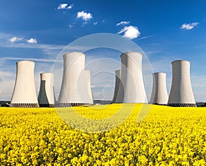 Rapesed field nuclear power plant cooling tower