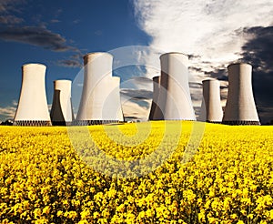 Rapesed field nuclear power plant cooling tower