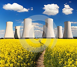 Rapesed field nuclear power plant cooling tower