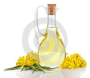 Rapeseed oil and flowers isolated over white.