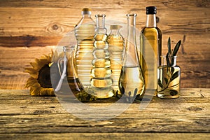 Rapeseed oil, Sunflower oil, Olive oil in a bottle