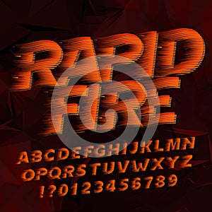 Rapid Fire alphabet font. Flame effect type letters and numbers. Abstract dark background.