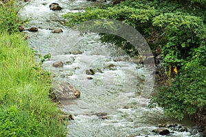 The rapid and powerful flow of water in the river