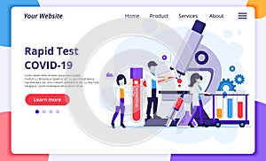 Rapid test concept for COVID-19 Coronavirus disease with scientists working at medicine Laboratorium. Modern flat web page design