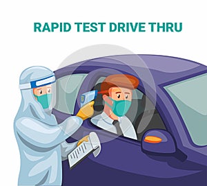 Rapid test drive thru. scientist wear hazmat suit and faceshield check driver in car from corona virus infected concept in cartoon