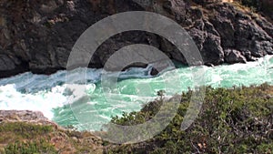Rapids of mountain river show power water In Patagonia Argentina.